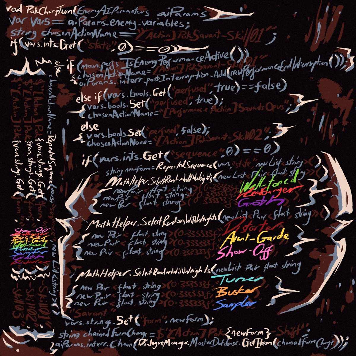 As wonderful as it is to receive fanart of the game's characters, it's a shame Kyle and Scott never get any for THEIR input, so I drew fanart of Scott's code for entering rooms and Kyle's Volmax boss script. THANKS GUYS <a href="/FiveHousesGames/">Deathbulge: Battle of the Bands OUT!</a>