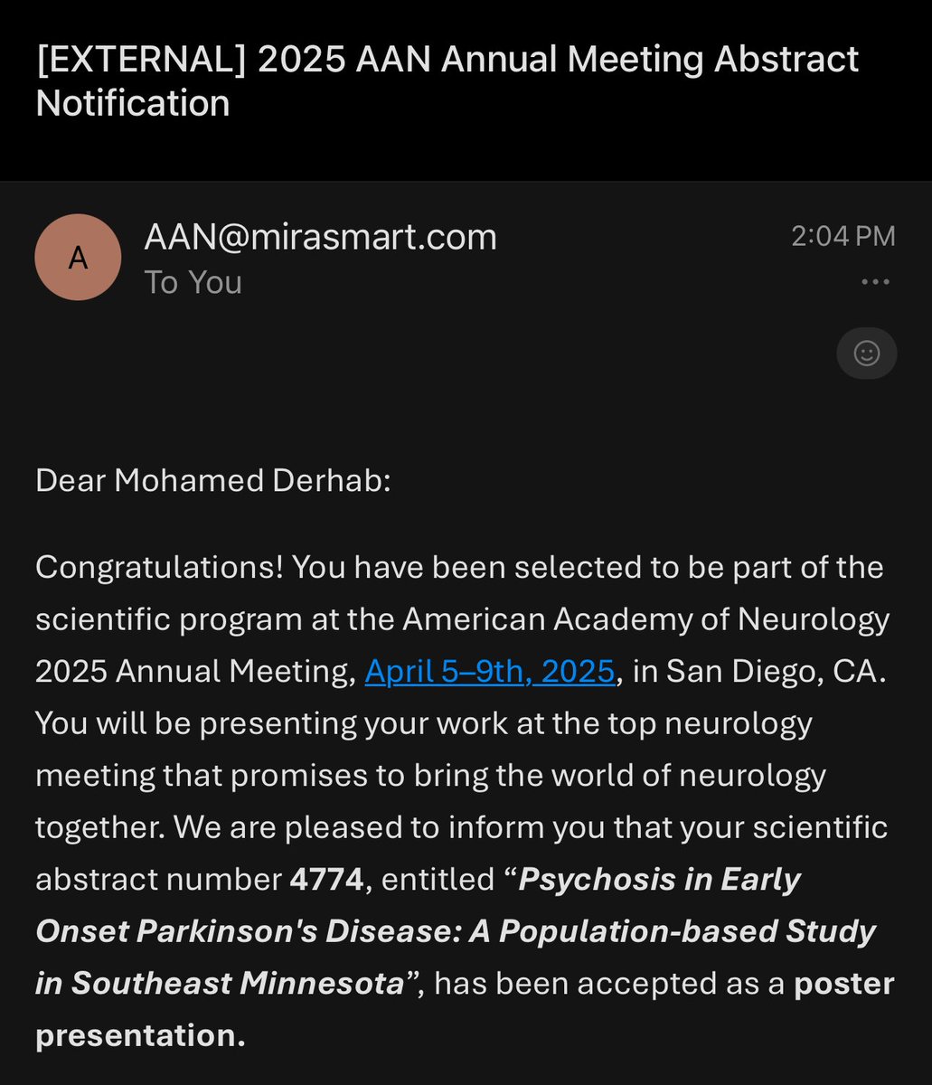 Mohamed Derhab (@muhamed85510592) on Twitter photo Glad to have 2 abstracts from my work <a href="/MayoClinicNeuro/">Mayo Clinic Neuro</a> accepted for poster presentation <a href="/AANmember/">American Academy of Neurology</a> 2025 annual meeting!
Grateful to my mentors and colleagues for their support.
#AANAM Glad to have 2 abstracts from my work <a href="/MayoClinicNeuro/">Mayo Clinic Neuro</a> accepted for poster presentation <a href="/AANmember/">American Academy of Neurology</a> 2025 annual meeting!
Grateful to my mentors and colleagues for their support.
#AANAM