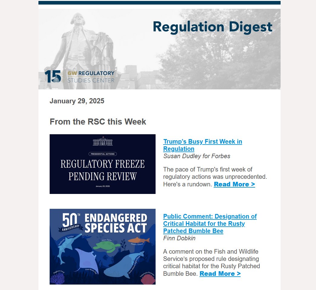 In this issue: Federal workforce wrangles with hiring freeze, buyouts, and return to office orders. Trump puts a freeze on regulatory rulemaking. EPA delays effective dates for 4 rules.
blogs.gwu.edu/ccas-regulator…