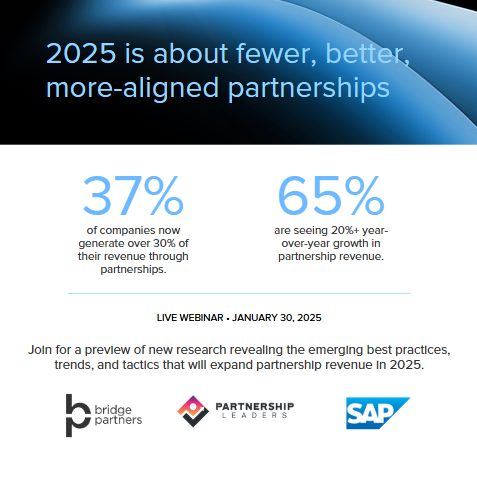 _BridgePartners's tweet image. Together with #Partnership Leaders and SAP, we&apos;re hosting a live webinar unveiling the first-ever #benchmarkreport for #partnerecosystems. Join us this Thu 1/30 to gain important takeaways that will impact your partner strategy. Register: hubs.ly/Q034BJrk0