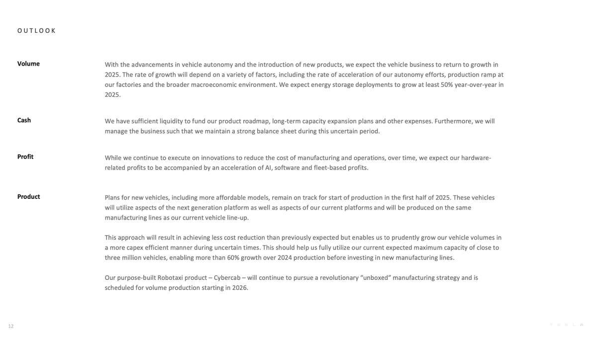 Teslaconomics's tweet photo. 5 KEY statements in $TSLA outlook: 

1/ "We expect the vehicle business to return to growth in
2025"

2/ "We expect energy storage deployments to grow at least 50% year-over-year in 2025"

3/ "Plans for new vehicles, including more affordable models, remain on track for start of production in the first half of 2025"

4/ "This should help us fully utilize our current expected maximum capacity of close to three million vehicles, enabling more than 60% growth over 2024 production before investing in new manufacturing lines"

5/ "Our purpose-built Robotaxi product - Cybercab - will continue to pursue a revolutionary “unboxed" manufacturing strategy and is scheduled for volume production starting in 2026."