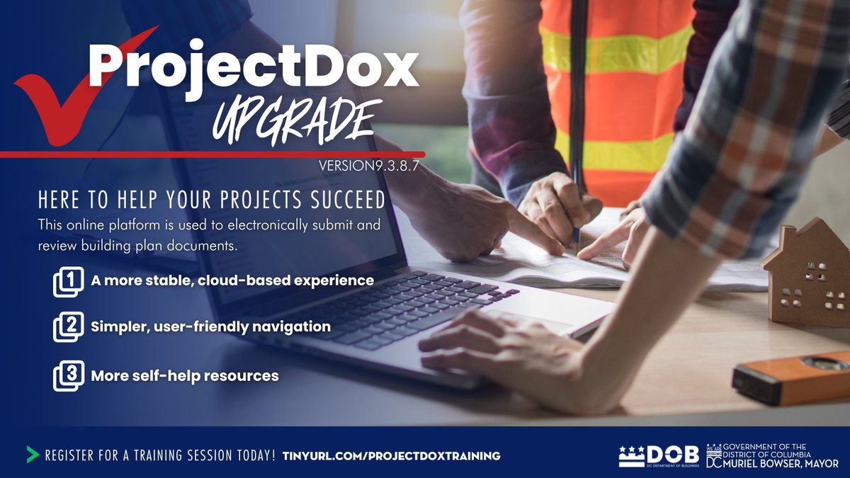 DC_DOB's tweet image. 🚨 ProjectDox, our online platform for electronically submitting and reviewing building plans, is upgrading on Feb 18!

New Version 9.3.8.7 brings:
✅ A more stable, cloud-based system
✅ Simpler navigation
✅ More self-help resources

📆 Training on Feb 4, 5 &amp;amp; 11 to help you…