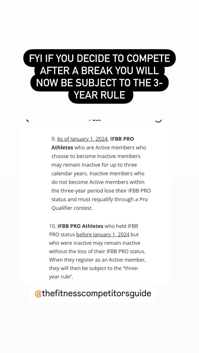 AllisonEthier's tweet image. FYI - IFBB Pro athletes

If you were inactive before 2024, you can keep your IFBB Pro status. However, re-registering to compete now subjects you to the new three-year rule. From 2024 onward, the three-year rule applies to everyone.

#ifbbpro
