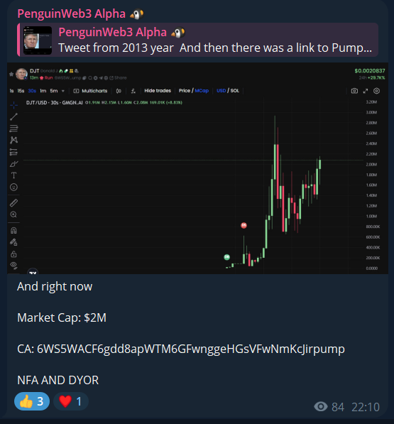 PenguinWeb3's tweet photo. $DJT

CA: 6WS5WACF6gdd8apWTM6GFwnggeHGsVFwNmKcJirpump

MC: $9M

CALLED IN MY PUBLIC TG CHANNEL AT $2M MARKET CAP https://t.co/M5G2LL12Mz