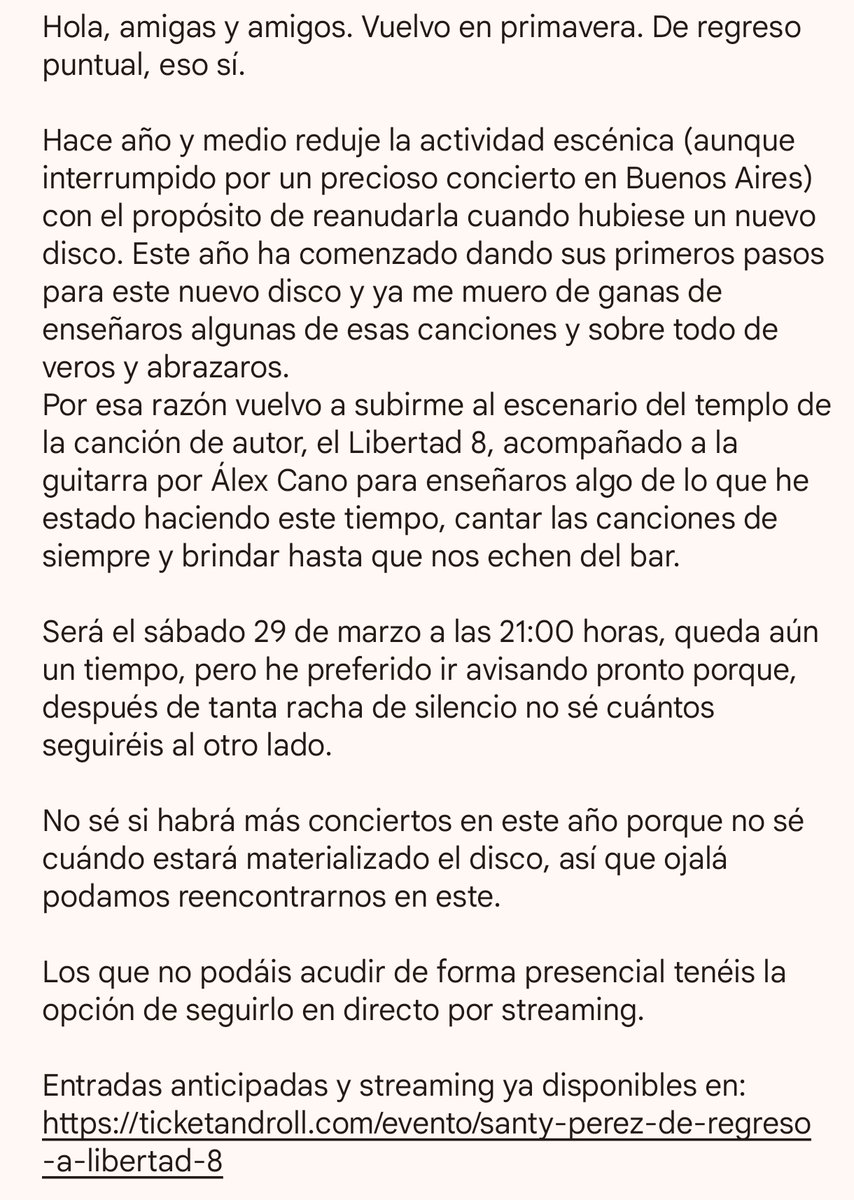 Vuelvo. Por primavera. Por un rato solo. Pero vuelvo. ¿Me acompañáis?
ticketandroll.com/evento/santy-p…
