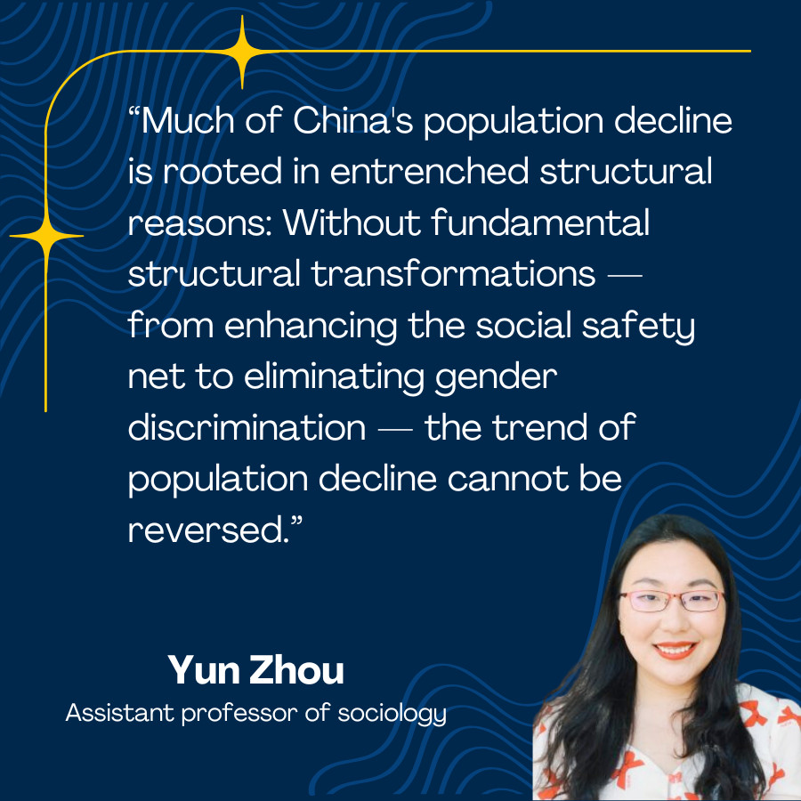 Yun Zhou, assistant professor of sociology <a href="/umichLSA/">U-M College of LSA</a> comments on China's declining population as it falls for a third consecutive year. via <a href="/Reuters/">Reuters</a>: reuters.com/world/china/ch…