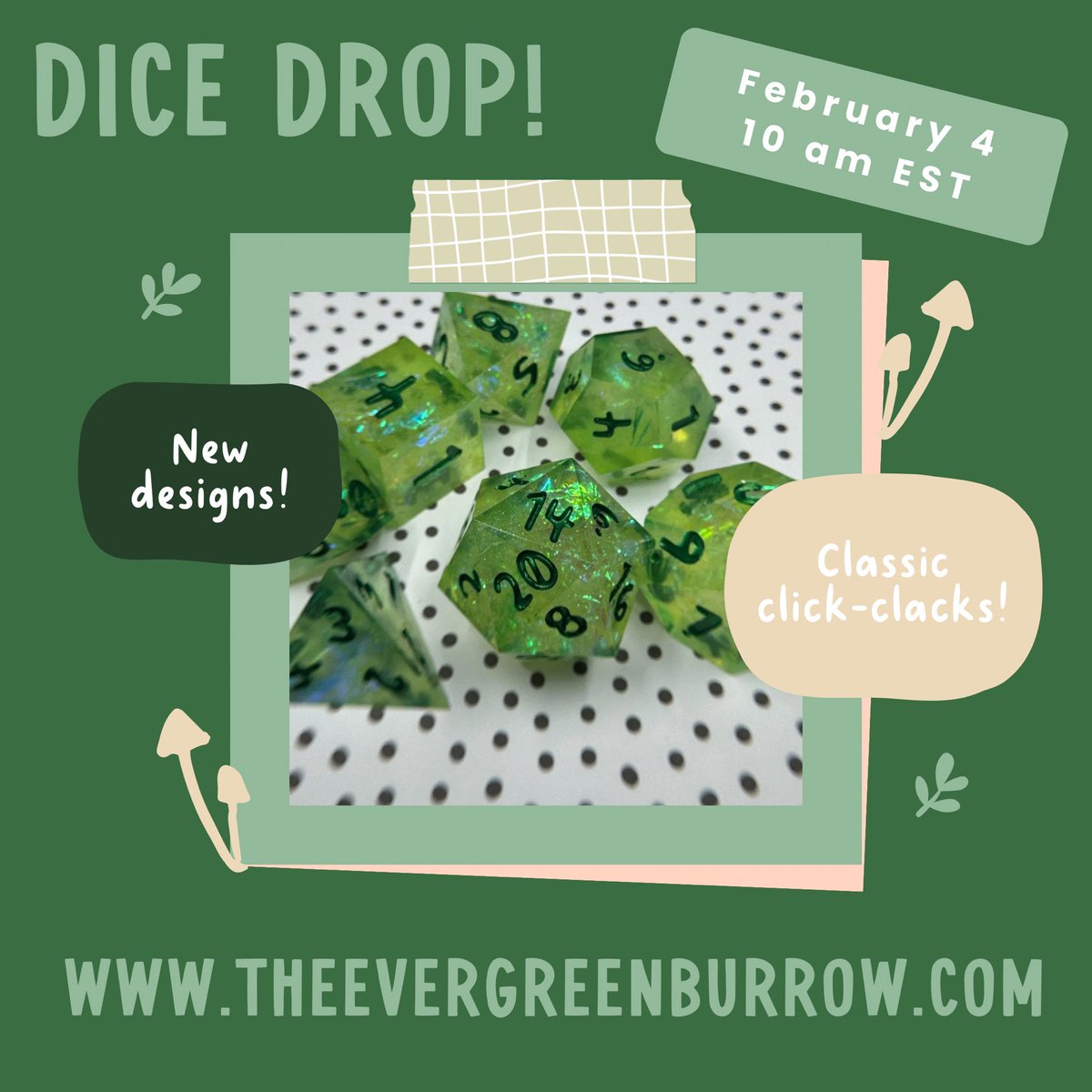 Dice drop announcement! It’s our first drop of the year, and we’ve got a TON of new dice sets 💕✨

DICE DROP!
February 4!
10 AM!