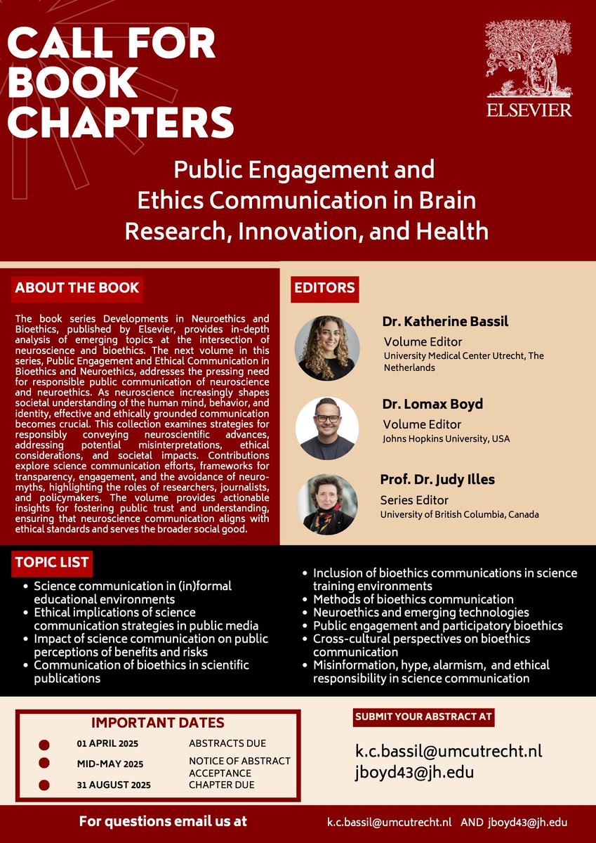 📢CALL FOR BOOK CHAPTERS!📢 The next volume of Developments in Neuroethics and Bioethics, Public Engagement and Ethical Communication in Bioethics and Neuroethics, addresses the pressing need for responsible public communication of neuroscience and neuroethics. 

#scicomm