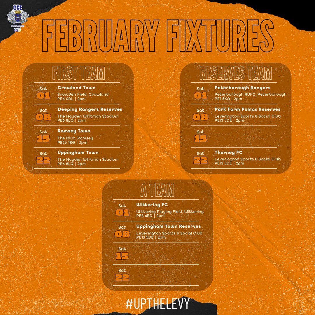 As January comes to a close, here’s how our fixtures look for February across the mens teams!

<a href="/LeveringtonRes1/">Leverington Reserves FC</a> 
<a href="/LeveringtonAT/">Leverington A Team</a> 

🧡🖤