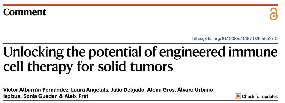 Víctor Albarrán Fernández (@vic_albarran) on Twitter photo Happy to share our comment review in Nature Communications: “Unlocking the potential of engineered immune cell therapy for solid tumors”.
Exciting future ahead 🚀
nature.com/articles/s4146…
@prat_aleix <a href="/AngelatsLaura/">Laura Angelats</a> <a href="/alena_grosvidal/">Alena Gros</a> <a href="/GuedanS/">SoniaGuedan</a> <a href="/JulioDelgadoHem/">Julio Delgado</a> <a href="/UrbanoIspizuaMD/">Alvaro Urbano-Ispizua</a> Happy to share our comment review in Nature Communications: “Unlocking the potential of engineered immune cell therapy for solid tumors”.
Exciting future ahead 🚀
nature.com/articles/s4146…
@prat_aleix <a href="/AngelatsLaura/">Laura Angelats</a> <a href="/alena_grosvidal/">Alena Gros</a> <a href="/GuedanS/">SoniaGuedan</a> <a href="/JulioDelgadoHem/">Julio Delgado</a> <a href="/UrbanoIspizuaMD/">Alvaro Urbano-Ispizua</a>