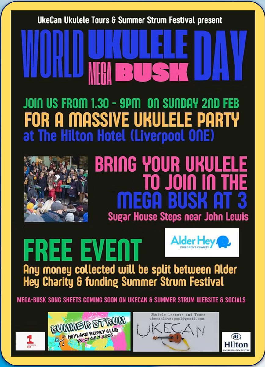 Great rehearsal tonight!! Come and see Ukulele Club live at the Hilton Hotel in L1 this Sunday from 5.55pm for a rocking set of 80s tunes! Free entry - all welcome! 

Part of the worldukuleleday celebrations! Live music from 1-9pm with a 3pm megabusk outside John Lewis