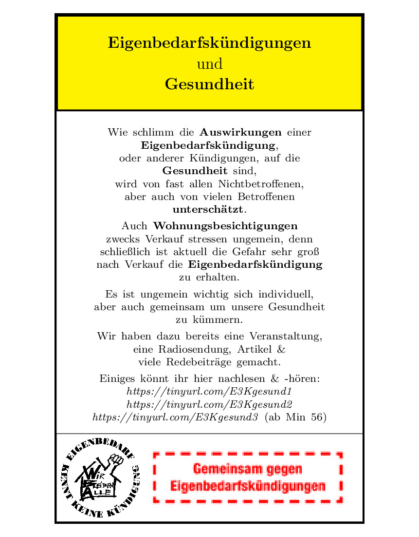 Gesundheit ist mit das Wichtigste in unserem Leben. #Eigenbedarfskündigungen beschädigen sie. Hilfreich ist zu verstehen, was in diesen Streßsituationen mit uns passiert &amp; was wir einzeln &amp; gemeinsam dagegen tun können. Informieren &amp; unterstützen wir uns gegenseitig! Solidarität!