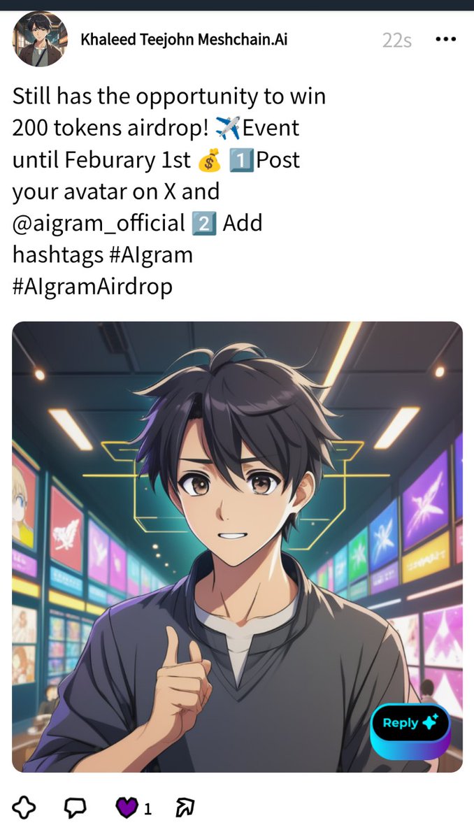 Teejohn_Khaleed's tweet image. Still has the opportunity to win 200 tokens airdrop! ✈️Event until Feburary 1st 💰
1️⃣Post your avatar on X and @aigram_official 
2️⃣ Add hashtags #AIgram #AIgramAirdrop