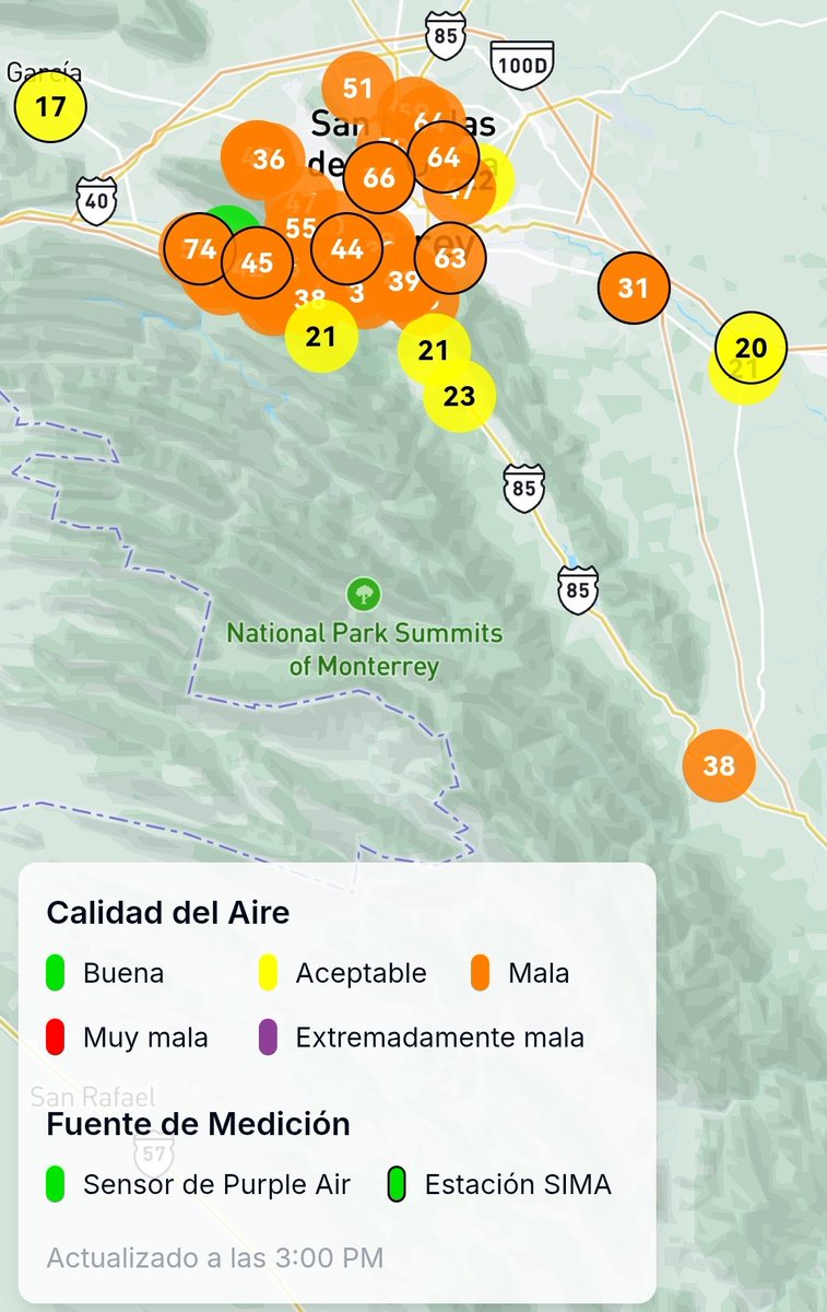 Diferencia de calidad del aire entre Saltillo y la Zona Metropolitana de Monterrey ahora mismo.

Promedio de concentraciones de PM2.5 durante la última hora de hoy (15:00 horas).

29/01/25