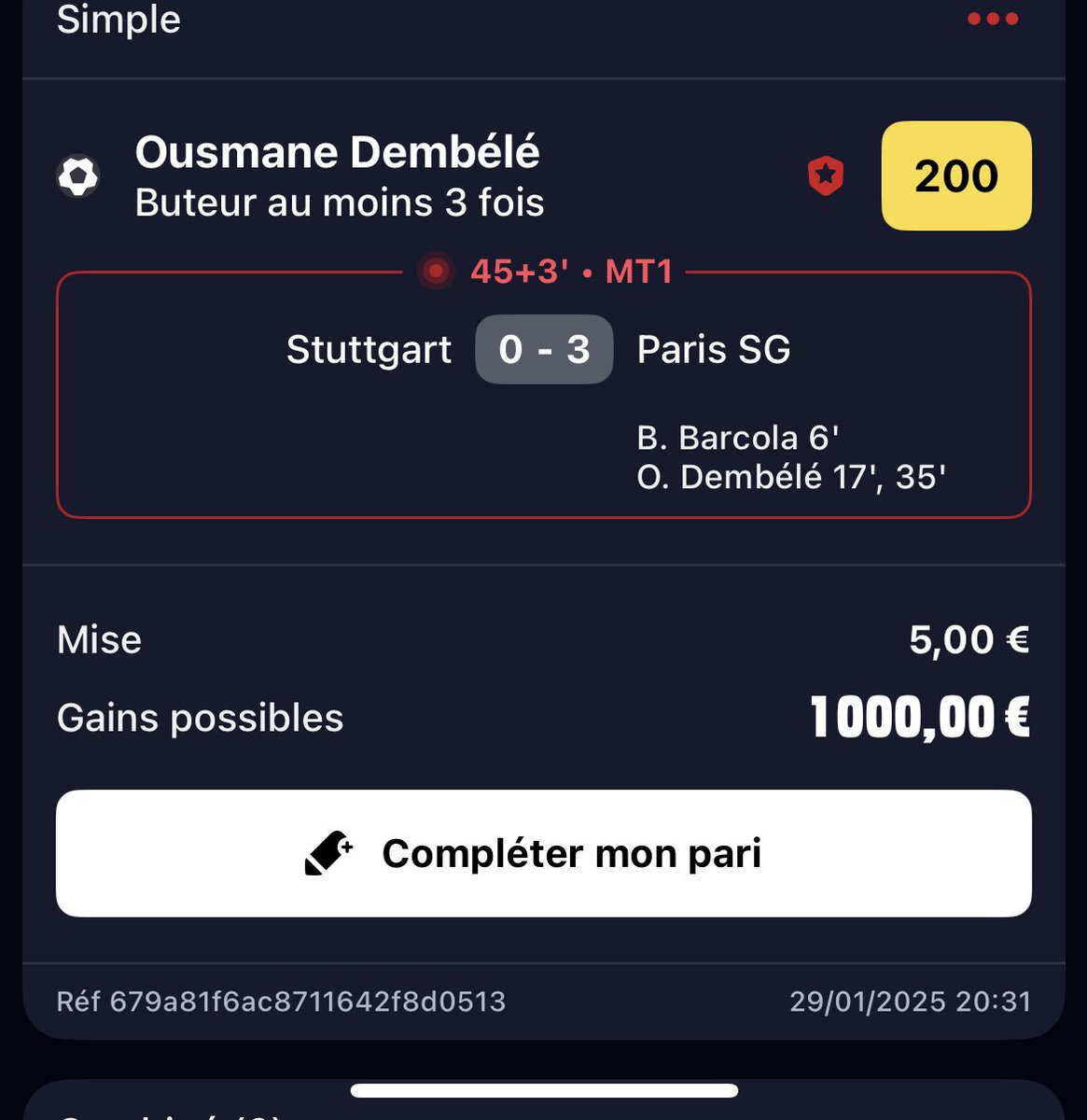 jbpineau's tweet photo. @Betclic merci pour la côte à Dembouz ! #TeamParieurs #Betclic https://t.co/rGlsrS982F