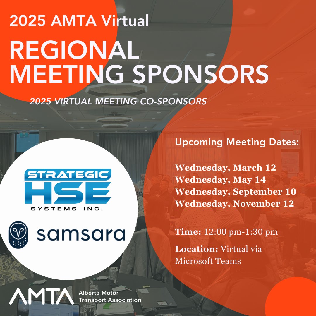 Introducing our 2025 AMTA Virtual Regional Meeting co-sponsors, Strategic HSE Systems Inc., &amp; <a href="/Samsara/">Samsara</a>. We are thrilled to have both sponsors on board this year for all 2025 virtual meetings, including our past January Virtual. Stay tuned for details on our next virtual meeting