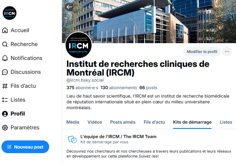 Notre kit de démarrage est en ligne sur BlueSky
Découvrez nos chercheurs et nos chercheuses à travers leurs publications et leurs réseaux en développement sur cette plateforme. Suivez-les! Profitez de nos contacts pour construire votre propre réseau!
bsky.app/profile/ircm.b…