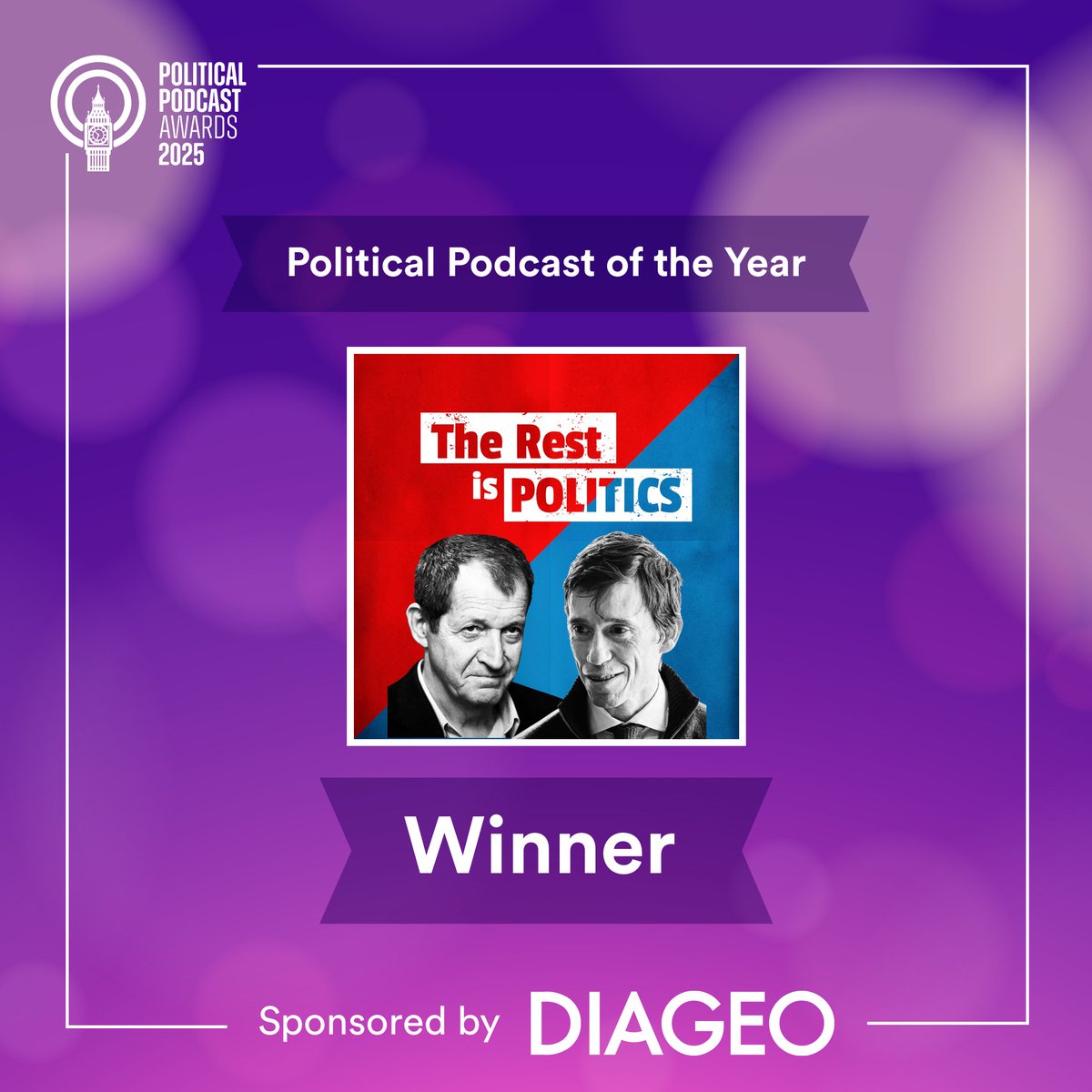 <a href="/gideonrachman/">Gideon Rachman</a> <a href="/FT/">Financial Times</a> <a href="/polcurrency/">Political Currency</a> <a href="/George_Osborne/">George Osborne</a> <a href="/edballs/">Ed Balls</a> <a href="/persephonica/">Persephonica</a> <a href="/easypoliticsUK/">Simple Politics</a> <a href="/SamCoatesSky/">Sam Coates Sky</a> <a href="/SkyNews/">Sky News</a> <a href="/POLITICOEurope/">POLITICOEurope</a> <a href="/BethRigby/">Beth Rigby</a> <a href="/RuthDavidsonPC/">Ruth Davidson</a> <a href="/HarrietHarman/">Harriet Harman</a> <a href="/jessphillips/">Jess Phillips</a> <a href="/andrew_alex/">Andrew Alexander</a> <a href="/pollymackenzie/">Polly Mackenzie</a> <a href="/Dannythefink/">Daniel Finkelstein</a> <a href="/saschaosullivan/">Sascha O'Sullivan</a> <a href="/TheNewsAgents/">The News Agents</a> <a href="/lewis_goodall/">Lewis Goodall</a> <a href="/jonsopel/">Jon Sopel</a> <a href="/maitlis/">emily m</a> <a href="/YouTube/">YouTube</a> And finally, the one you've all been waiting for. 
 
Political Podcast of the Year, sponsored by <a href="/DiageoGB/">Diageo GB</a>, goes to The Rest is Politics (Goalhanger) 🏆 #PoliticalPodcastAwards