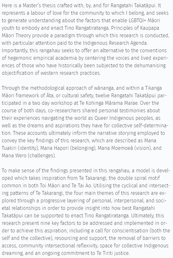 InquiryOpen's tweet photo. The abstract of 'Mana Takatāpui: Self-determination for queer rangatahi Māori,' a 2023 MA thesis at the University of Waikato by Benjamin Doyle, now a Green MP https://t.co/Bim3YWCRJB