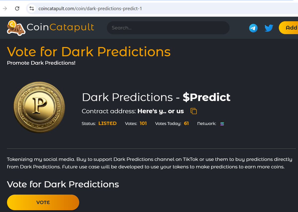 PredictSOL's tweet photo. WE JUST GOT LISTED ON A NEW SITE! Coin Catapult! https://t.co/GsCxErekyL
Like, retweet and comment your wallet and I $predict you might get a surprise
$Predict CA: 3u6ex1Xej4bXUKw4po8kSvE9pRow5mGUp7nvx6rU3Kvn
#Solana #Sol #PredictToken #CryptoPredictions #CryptoPrediction #cryptonews #crypto