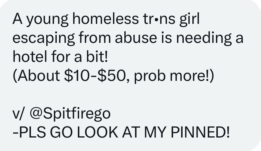I DON’T WANT TO DIE ON THE STREETS OF TEXAS!

My life is literally just me working and trying not to be r•ped.
I’ve been called a “n•gger” while walking at night. S•xually h•rassed at the only places I have to sleep.

It’s COLD. I’m isolated.
I need a hotel so I can breathe.