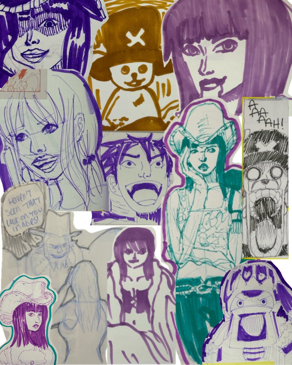 ArtyRaeArt's tweet photo. I’ve been drawing a lot of random one piece panels while making my way through the manga (first full read as an anime watcher) and decided to try my hand at a digital collage 🤓 #onepiece #sketches https://t.co/JMtm1vwZVf