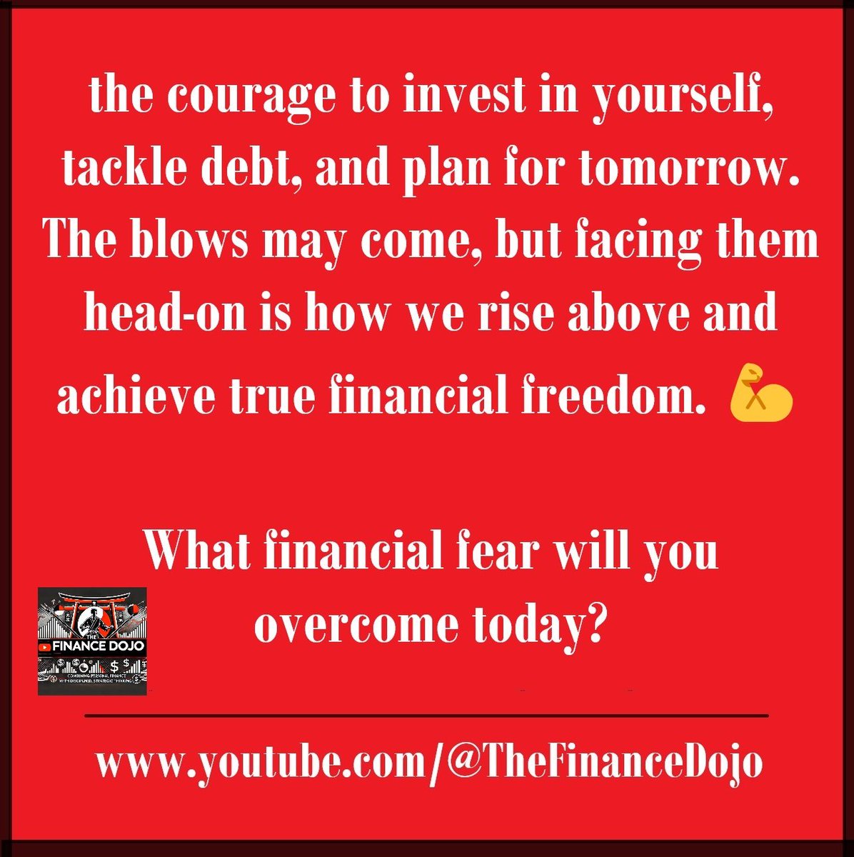 TheFinanceDojo's tweet photo. "F-E-A-R has two meanings: 'Forget Everything And Run' or 'Face Everything And Rise.' The choice is yours." – Zig Ziglar

https://t.co/Anih88rBUW

In personal finance, fear often keeps us from taking action—whether it's fear of investing, budgeting, or facing debt. Turning away from financial challenges might feel safe, but it leaves us vulnerable to larger problems down the road. Instead, we must confront our fears, run toward the discomfort, and take control of our future.

Building wealth requires courage: the courage to invest in yourself, tackle debt, and plan for tomorrow. The blows may come, but facing them head-on is how we rise above and achieve true financial freedom. 💪

What financial fear will you overcome today?

#TheFinanceDojo #FaceYourFears #PersonalFinance101 #FinancialFreedom #MoneyMindset #FinancialIndependence #DebtFreeJourney #WealthBuilding #InvestInYourself #MoneyMatters #FinancialGoals #MotivationDaily #OvercomeFear #SuccessMindset #BudgetingTips #SavingMoneyTips #InvestingForBeginners #MoneyManagement #SelfImprovementJourney #MindsetMatters #TakeControlOfYourFinances #GrowYourWealth #FinancialWisdom #CourageOverFear #MoneyMotivation #RiseAboveChallenges #FinancialEducation #SmartMoneyMoves #WinningWithMoney