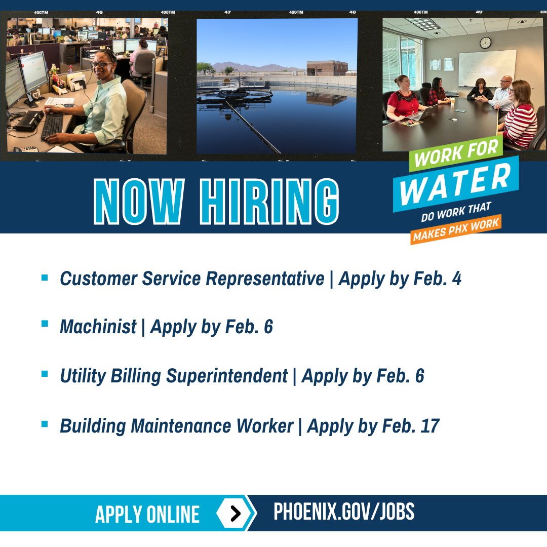 PHXWater's tweet photo. Join the #PHXWater team to #doworkthatmakesPhoenixwork.
Check out current open positions or share with a friend who might be interested! βοΈ https://t.co/KUbyC4pf23