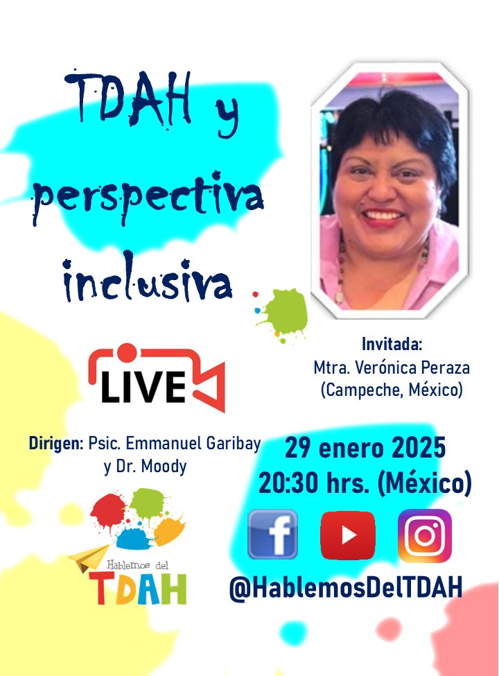 NeurodesarrolloyConducta (@nconducta) on Twitter photo TDAH y perspectiva inclusiva. Este será el tema de hoy en la transmisión en vivo de <a href="/HablemosDelTDAH/">Hablemos del TDAH</a>. Nos acompañará la Mtra. Verónica Peraza presidenta de la asociación TDAH Campeche A.C. Los esperamos a las 8:30 p.m. tiempo del Centro de México.
#TDAH #HablemosDelTDAH TDAH y perspectiva inclusiva. Este será el tema de hoy en la transmisión en vivo de <a href="/HablemosDelTDAH/">Hablemos del TDAH</a>. Nos acompañará la Mtra. Verónica Peraza presidenta de la asociación TDAH Campeche A.C. Los esperamos a las 8:30 p.m. tiempo del Centro de México.
#TDAH #HablemosDelTDAH
