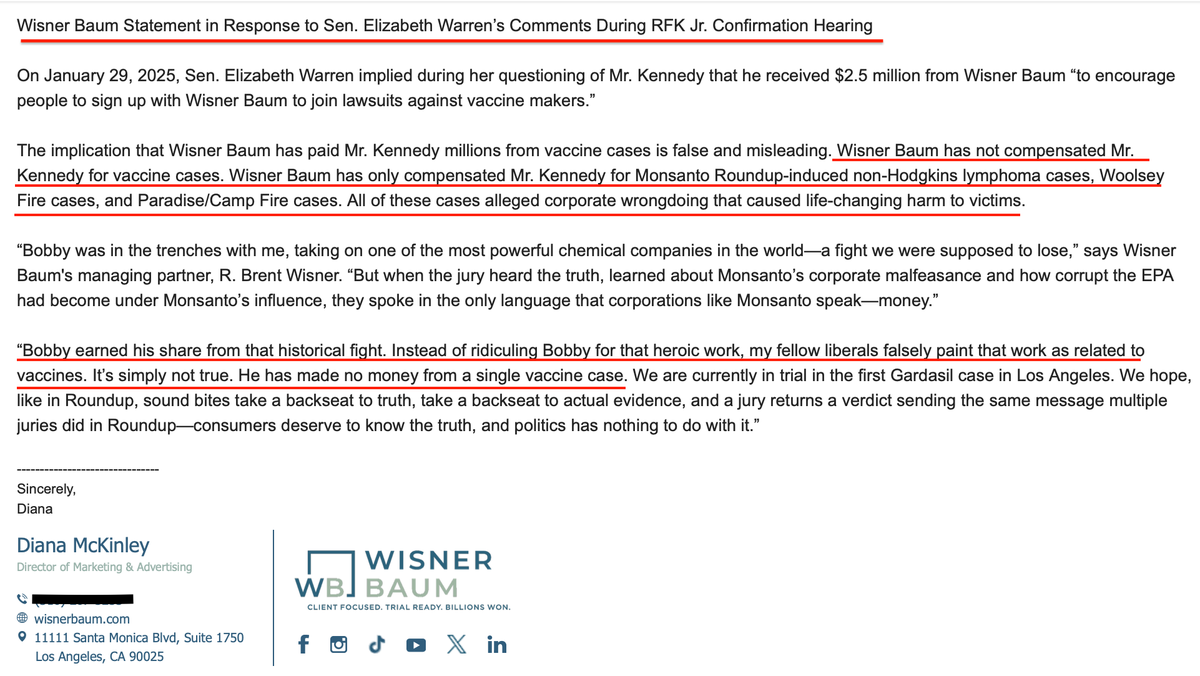 thackerpd's tweet photo. .@RobertKennedyJr law firm calls out @SenWarren for false statements, noting they paid RFKJr for Monsanto and wildfire litigation.
"Instead of ridiculing Bobby for that heroic work, my fellow liberals falsely paint that work as related to vaccines. It’s simply not true. He has made no money from a single vaccine case."