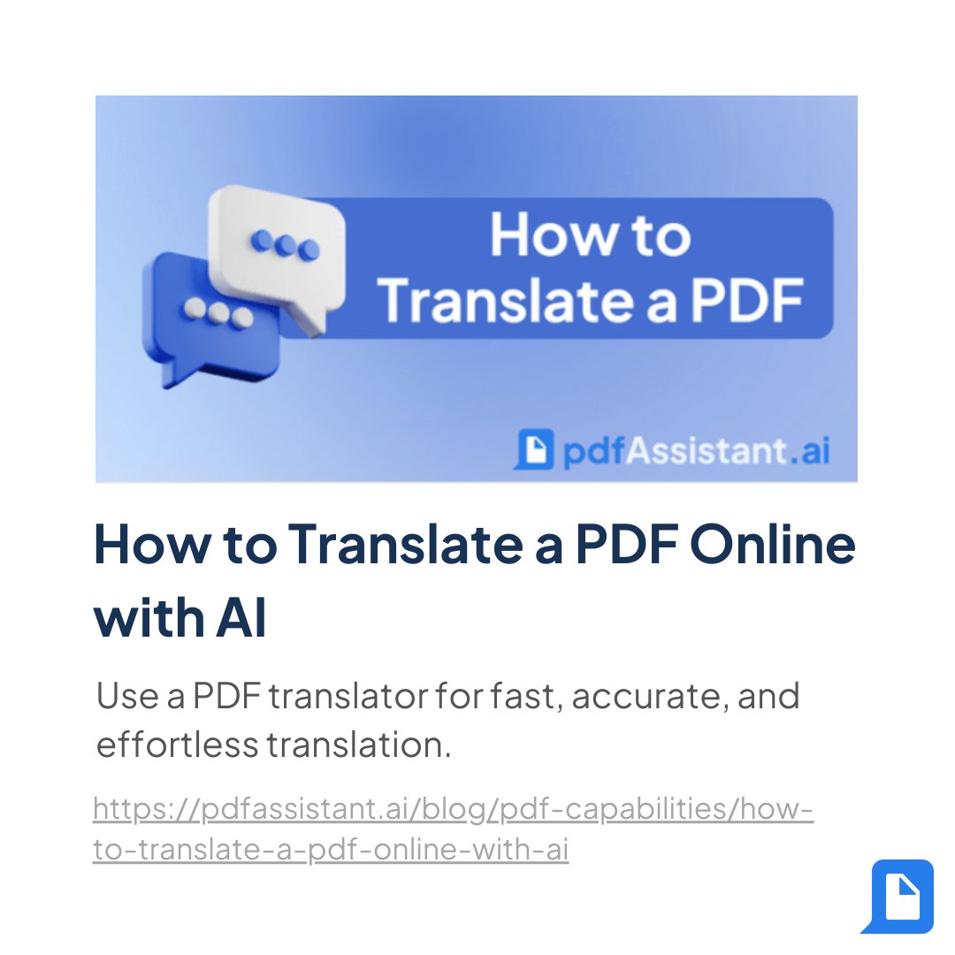 pdfAssistant's tweet image. Break language barriers effortlessly! 🌍✨ Translate PDFs instantly with AI-powered accuracy using @pdfAssistant.ai . Just upload, request, and get your translation—fast, easy, and reliable. 

Try it today: pdfassistant.ai
 #PDFTranslation #AITranslation #pdfAssistant
