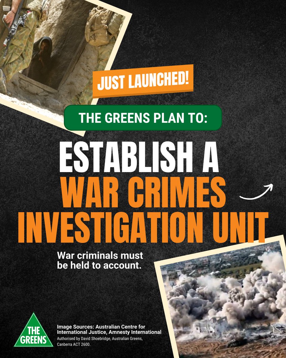 DavidShoebridge's tweet photo. Australia shouldn’t be a safe haven for war criminals, but right now, it is.  

This is why the Australian Greens will create a dedicated permanent body that can investigate and prosecute war crimes. https://t.co/Qc3coRuZ06