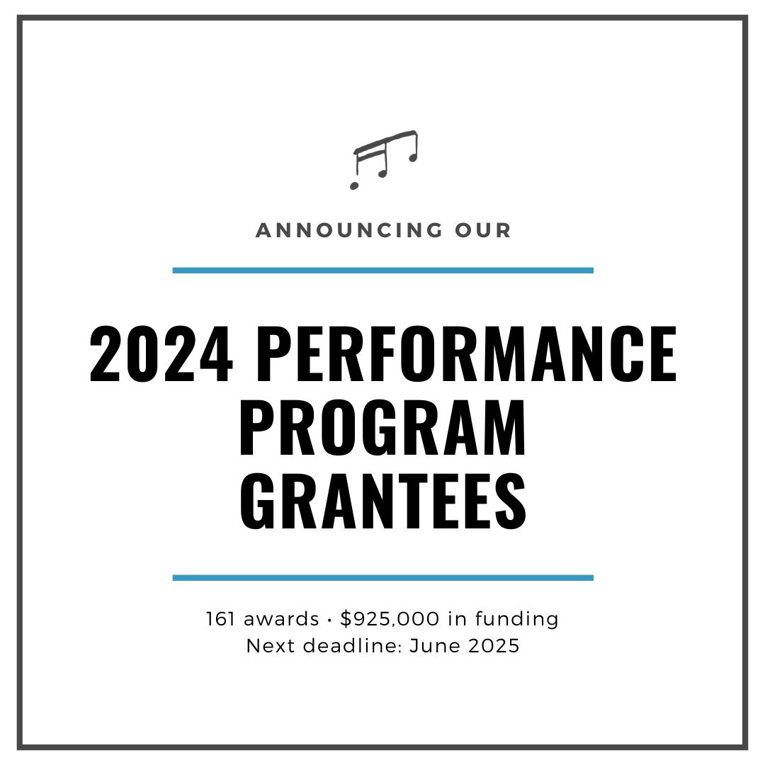 We are pleased to announce our 2024 Performance Program grant recipients!

161 awards totaling $925,000 were made in the areas of both general operating and project support.

See the list of grantees and read the full announcement here: coplandfund.org/news/performan…