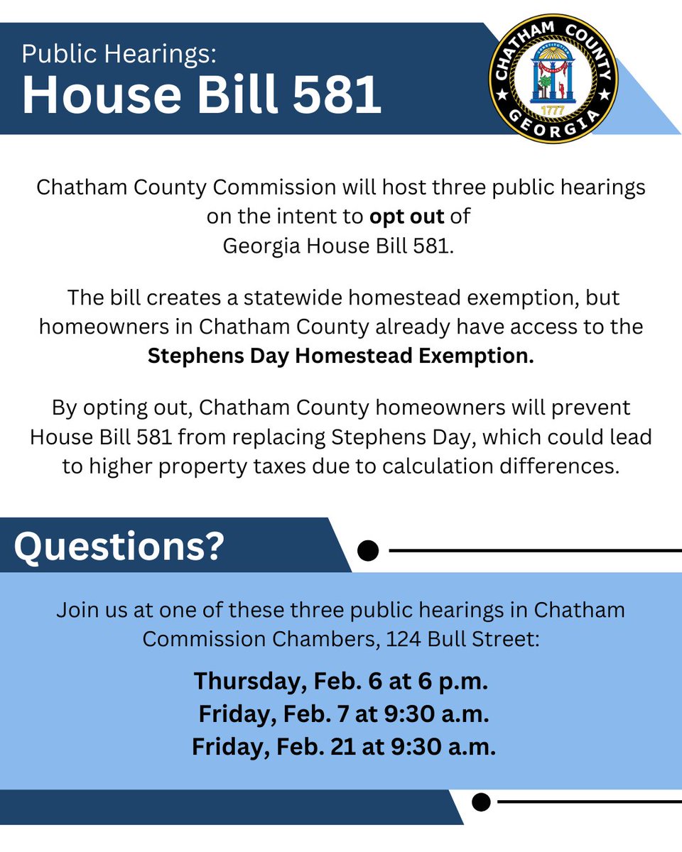Chatham County Commission intends to opt out of House Bill 581. The public is invited attend three hearings on this matter to be held at 124 Bull Street, Savannah, Georgia at the following times:

Thursday, Feb. 6 at 6 p.m.
Friday, Feb. 7 at 9:30 a.m.
Friday, Feb. 21 at 9:30 a.m.