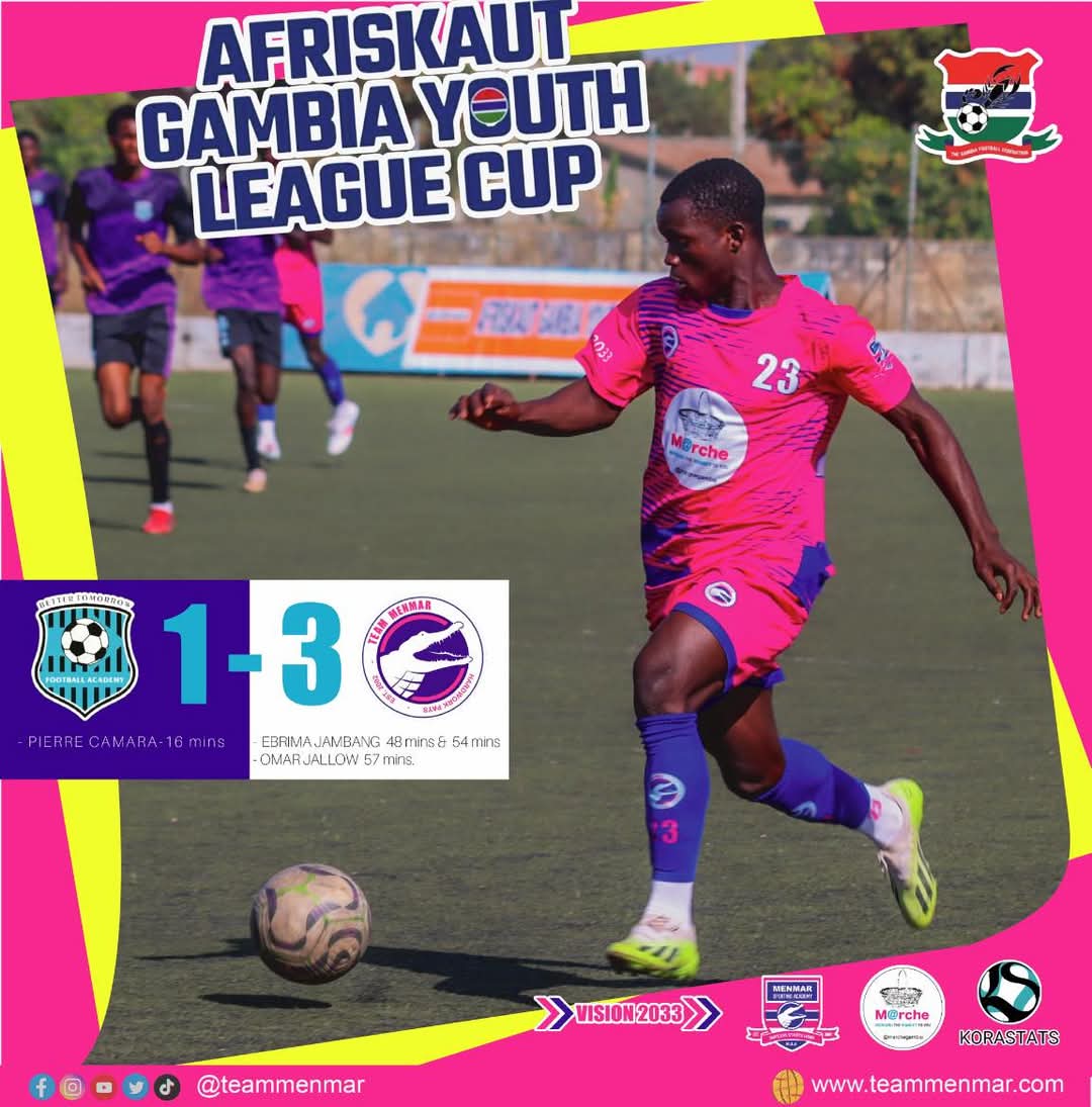 TEAMMENMAR's tweet photo. "Victory is Ours! 🏆

Team Menmar FC emerges victorious against Better Tomorrow FA in the #GFF Afriskaut Gambia Youth League Cup!

Down by a goal at halftime, the #SeaBoys displayed incredible resilience and fought back to secure a 3-1 win.

 #hardworkpays #football #gff https://t.co/Tl57AYhtET