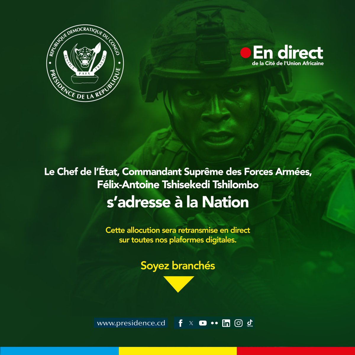 Le Président de la République s’adresse à la Nation dans quelques instants en direct sur la <a href="/rtncofficielle1/">RTNC.CD</a> et <a href="/Presidence_RDC/">Présidence RDC 🇨🇩</a> 
Restez branchés !