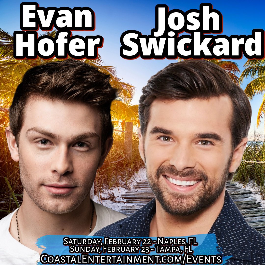 Linda Rohe (@coastalent1) on Twitter photo Warm up in #Florida for February 22&23 - join <a href="/EvanHofer/">Evan Hofer</a> <a href="/josh_swickard/">Josh Swickard</a> #Generalhospital fans!!! They are headed to <a href="/OTHComedyClub/">Off The Hook Comedy Club</a> #Naples and <a href="/TampaFunnyBone/">Tampa Funny Bone</a> #Tampa!
Tickets at CoastalEntertainment.com/Events 🌴🌴🌴🌴 Warm up in #Florida for February 22&23 - join <a href="/EvanHofer/">Evan Hofer</a> <a href="/josh_swickard/">Josh Swickard</a> #Generalhospital fans!!! They are headed to <a href="/OTHComedyClub/">Off The Hook Comedy Club</a> #Naples and <a href="/TampaFunnyBone/">Tampa Funny Bone</a> #Tampa!
Tickets at CoastalEntertainment.com/Events 🌴🌴🌴🌴