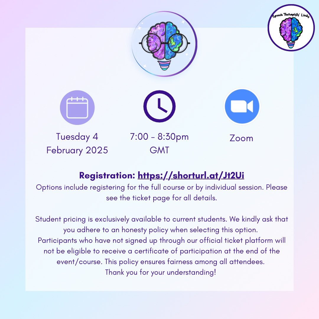 Speech Therapists' Links (@st_links) on Twitter photo What is #aphasia? How do #SLT support people with aphasia? Join us to discuss dynamic aphasia Ax, therapy SMART goals, & resources to educate families about what aphasia is. Come for an engaging & interactive session!
🗓️ 4 Feb, 7pm,  Zoom
✨See original post for more details What is #aphasia? How do #SLT support people with aphasia? Join us to discuss dynamic aphasia Ax, therapy SMART goals, & resources to educate families about what aphasia is. Come for an engaging & interactive session!
🗓️ 4 Feb, 7pm,  Zoom
✨See original post for more details