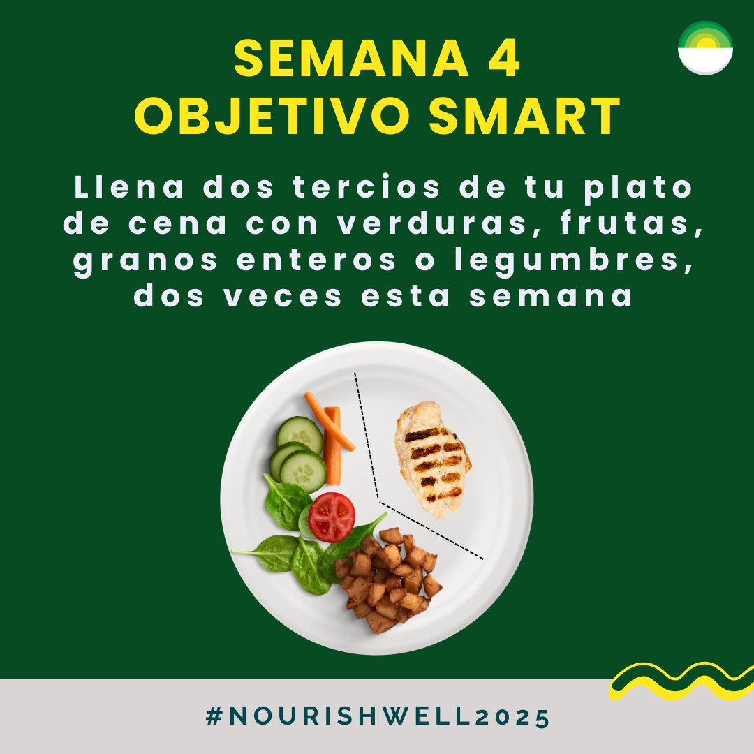 EN: 4th goal: Fill two-thirds of your dinner plate with   veggies, fruit, whole grains, and/or legumes, twice this week. 🥗
__
 
ES: 4° meta: Llena dos tercios de tu plato en la cena   con verduras, frutas, granos enteros y/o legumbres, dos veces esta semana.  🌾