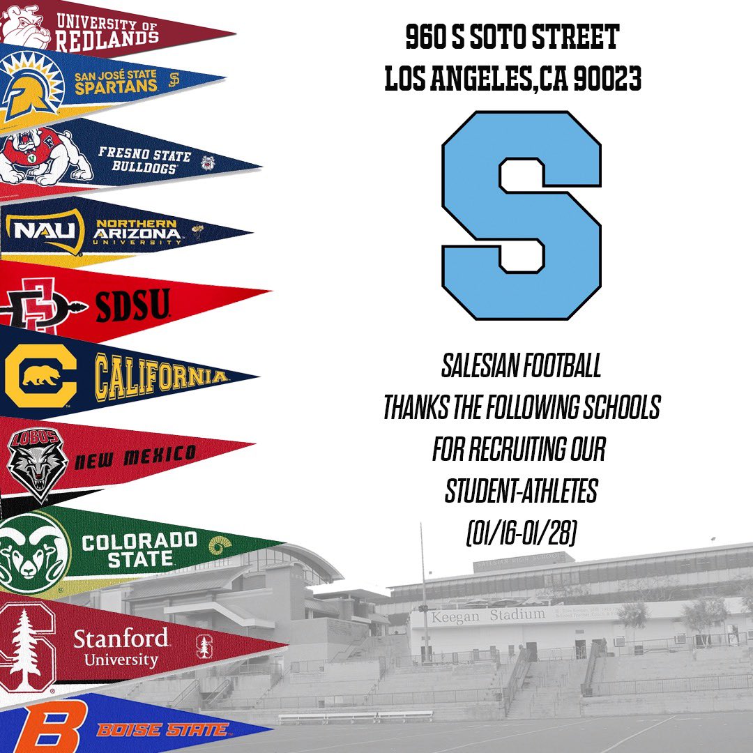 Thank you to all the school that have taken the time to come recruit <a href="/SalesianFB/">Salesian Mustangs Football</a>. <a href="/Coach_Eck/">Jason Eck</a> <a href="/JabrilFrazier/">Jabril Frazier</a> <a href="/franks_coach/">Stanley Franks Jr</a> <a href="/CoachFin_/">James Finley</a> <a href="/SanJoseStateFB/">San José State Football</a> <a href="/CalFootball/">Cal Football</a> <a href="/GregBiggins/">Greg Biggins</a> <a href="/latsondheimer/">eric sondheimer</a> <a href="/StanfordFball/">Stanford Football</a> <a href="/M_80lane/">Malcolm Agnew</a> <a href="/CoachSwanson_/">Terry Swanson</a>