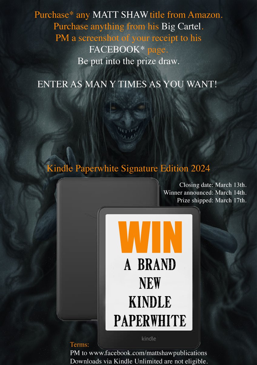 Read my work? Send a screenshot of your Amazon purchase to my Facebook page. 
Buy from my store? Send a screenshot to my Facebook page. 

... As many times as you want. Every item (even on the same purchase) = entry to win a #kindle 

#horror #amazon #readingcommunity
