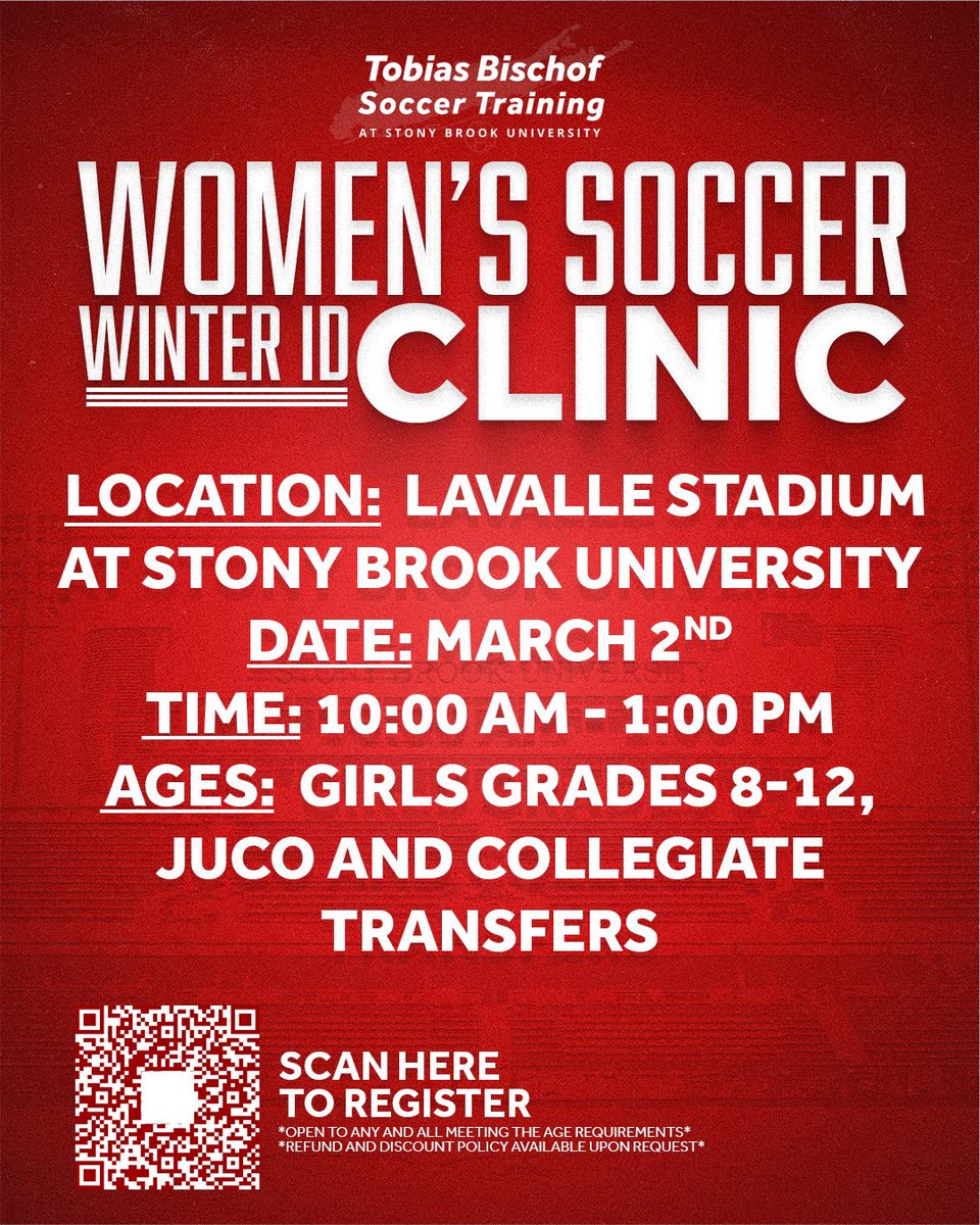 ❄️🌟 Winter ID Clinic at Stony Brook University! 🌟❄️

Early Bird Registration for our first ID Clinic of 2025 is open until February 9th! Don’t miss your chance to reserve your spot and be seen by the entire Stony Brook Women's Soccer Coaching Staff! <a href="/StonyBrookWSOC/">Stony Brook Women’s Soccer</a>
