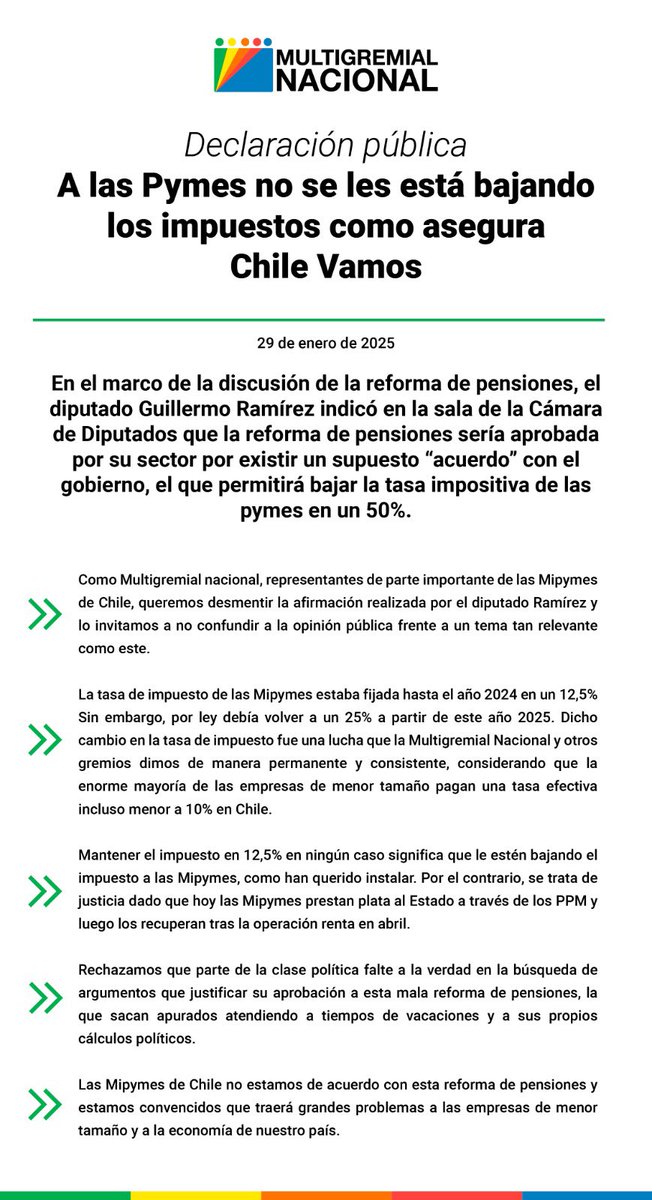 Multigremial Nacional de Emprendedores (@multigremialn) on Twitter photo En representación de nuestros 224 gremios y de miles de emprendedores, desmentimos a <a href="/Chile_Vamos_/">Chile Vamos</a> y al diputado <a href="/GmoRamirez/">Guille Ramírez</a>, quienes aseguraron que aprobarían la reforma de pensiones por existir un “acuerdo” con el <a href="/GobiernodeChile/">Gobierno de Chile</a> para bajar la tasa impositiva a las pymes. En representación de nuestros 224 gremios y de miles de emprendedores, desmentimos a <a href="/Chile_Vamos_/">Chile Vamos</a> y al diputado <a href="/GmoRamirez/">Guille Ramírez</a>, quienes aseguraron que aprobarían la reforma de pensiones por existir un “acuerdo” con el <a href="/GobiernodeChile/">Gobierno de Chile</a> para bajar la tasa impositiva a las pymes.
