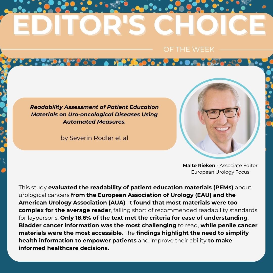 Eur Urol Focus (@eururolfocus) on Twitter photo Editor‘s choice by <a href="/MalteRieken/">Malte Rieken</a>:
Readability of patient information is important!🙋♂️🙋♀️
👇Check the article here👇:
eu-focus.europeanurology.com/article/S2405-… Editor‘s choice by <a href="/MalteRieken/">Malte Rieken</a>:
Readability of patient information is important!🙋♂️🙋♀️
👇Check the article here👇:
eu-focus.europeanurology.com/article/S2405-…