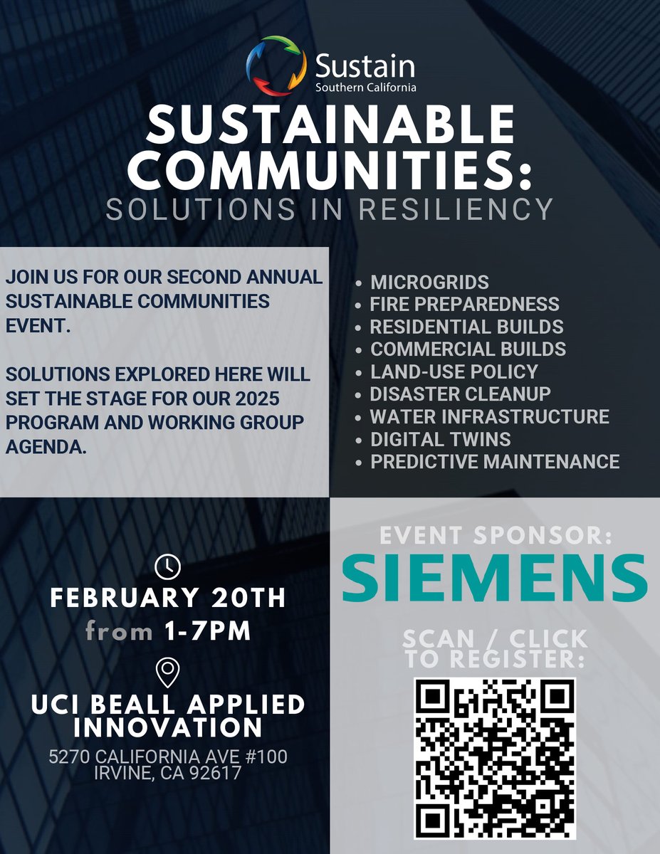 🌱 SUSTAINABLE COMMUNITIES: SOLUTION IN RESILIENCY

Join Us for Sustain Southern California’s 2nd Annual Event!

Explore key topics like Microgrids, Fire Preparedness, Land-Use Policy &amp; more.

📅 Feb 20 | 🕐 1-7 PM
📍 UCI Beall Applied Innovation, Irvine, CA
#SustainableSoCal