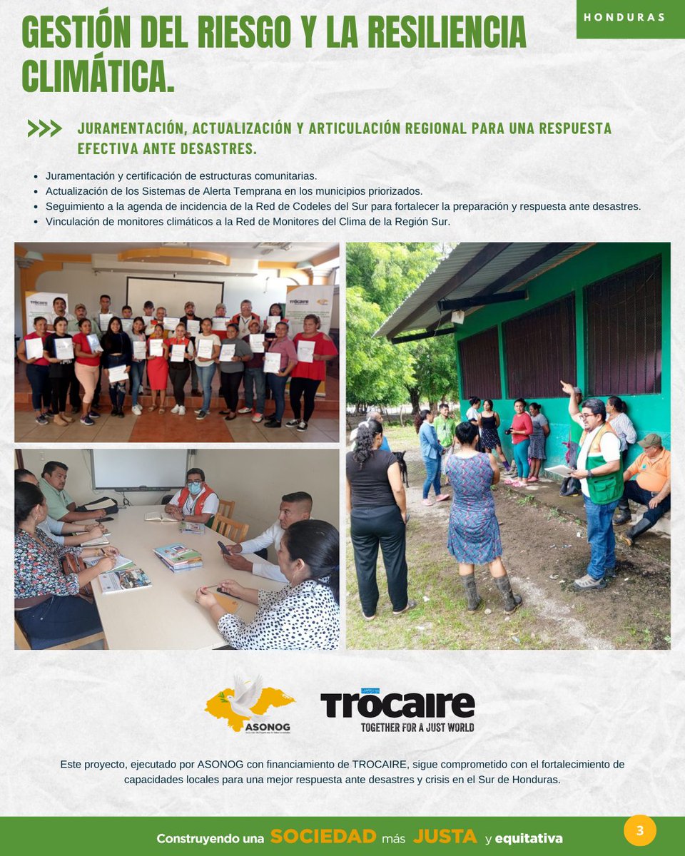 📢 Resiliencia en el Sur de Honduras
ASONOG y Trocaire fortalecen capacidades locales para responder a desastres. Más de 960 personas beneficiadas en Choluteca, Orocuina, Namasigue y Yusguare.  

#ASONOG #TROCAIRE #Resiliencia