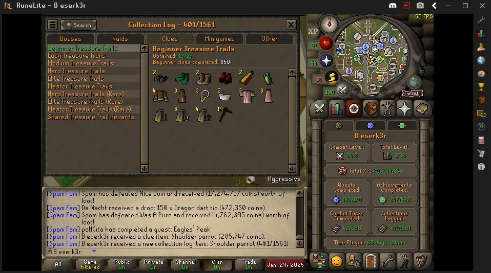 DanielW92466059's tweet photo. 350 clues on the dot , beginners done #osrs #zerk #ironman https://t.co/T6qyMVohYg