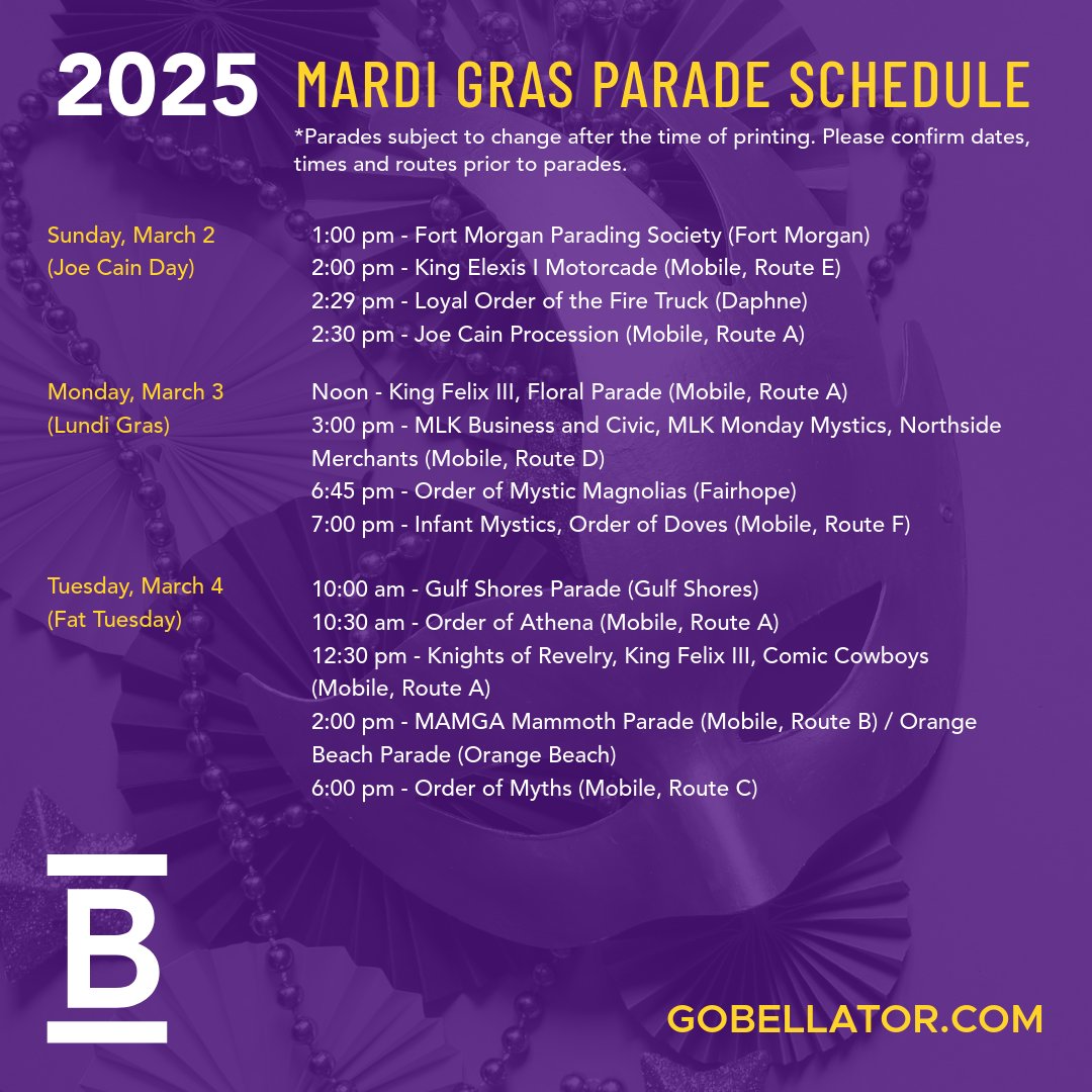 BellatorRealE's tweet photo. Throw me something, Mister! 🎭✨ Mardi Gras season is upon us, and we're ready for parades, beads, and MoonPies. Give us all the MoonPies.

Laissez Les Bons Temps Rouler! 💜💛 See y'all at #BoomBoom!
#MardiGras #ParadeSeason https://t.co/AgGuSsFb0h