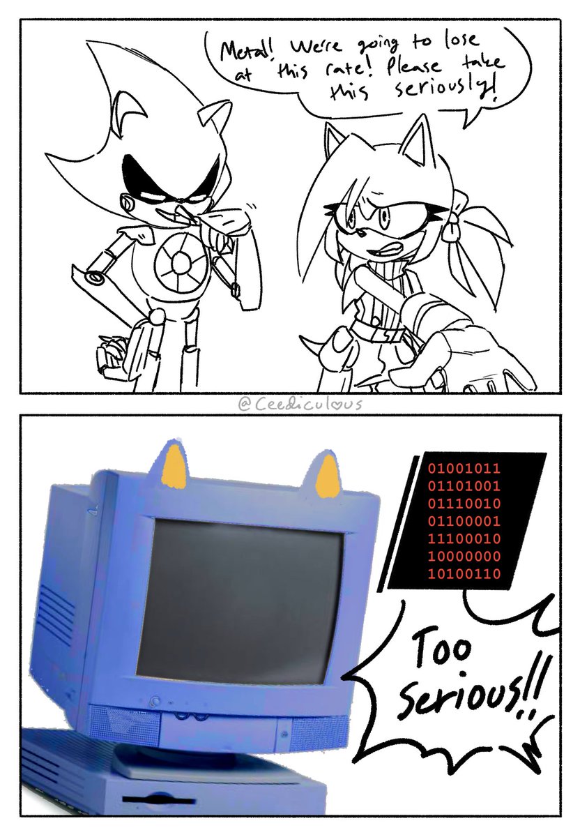 ceediculous's tweet photo. crawls out of the pits of hell to post canon/oc garbage i made in 20 mins and vanishes again

this meme is too funny for me to do nothing with i'm so sorry (metal sonic would not give a rat's ass that sonic's gang is losing lbfr) https://t.co/UzyK6SZzlu