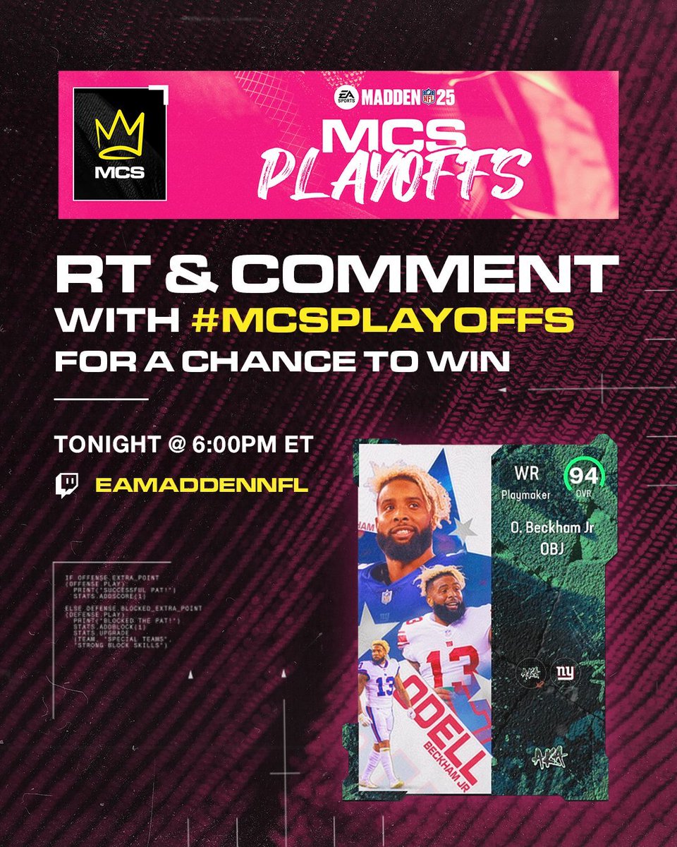 🚨94 OVR OBJ Giveaway 🚨

RT &amp; Comment #MCSPlayoffs for a chance to win this 94 Overall OBJ AKA item.         

Live at 6 PM ET: twitch.tv/eamaddennfl